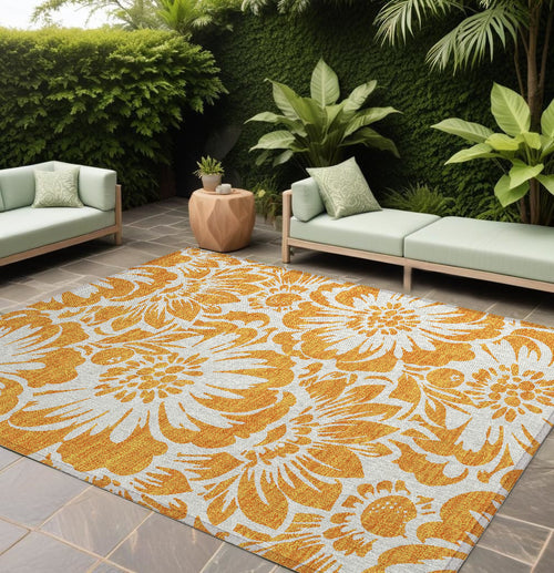 10 X 14 Orange and White Floral Washable Non Skid Indoor Outdoor Area Rug
