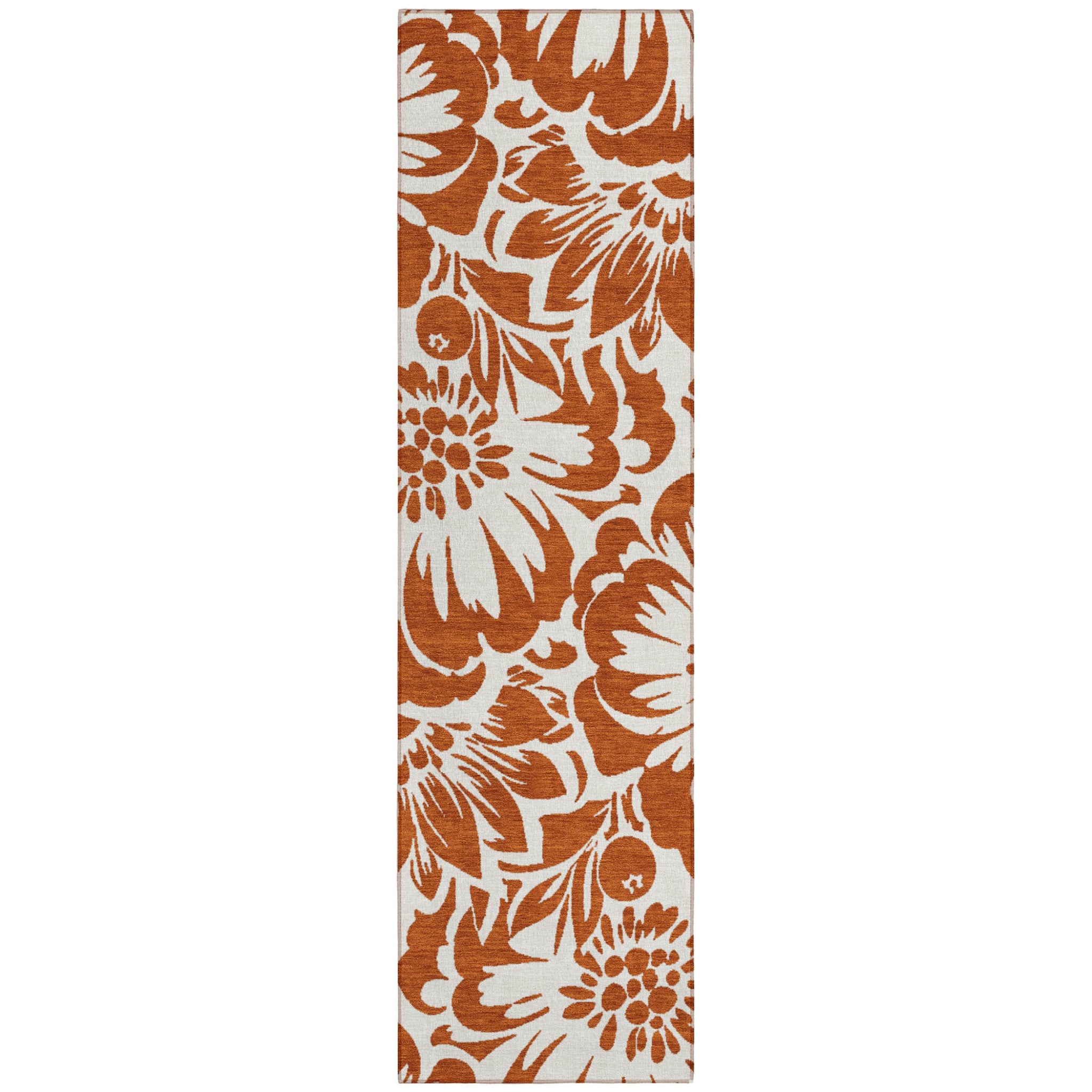 8 Runner Orange Floral Washable Non Skid Runner Rug With UV Protection
