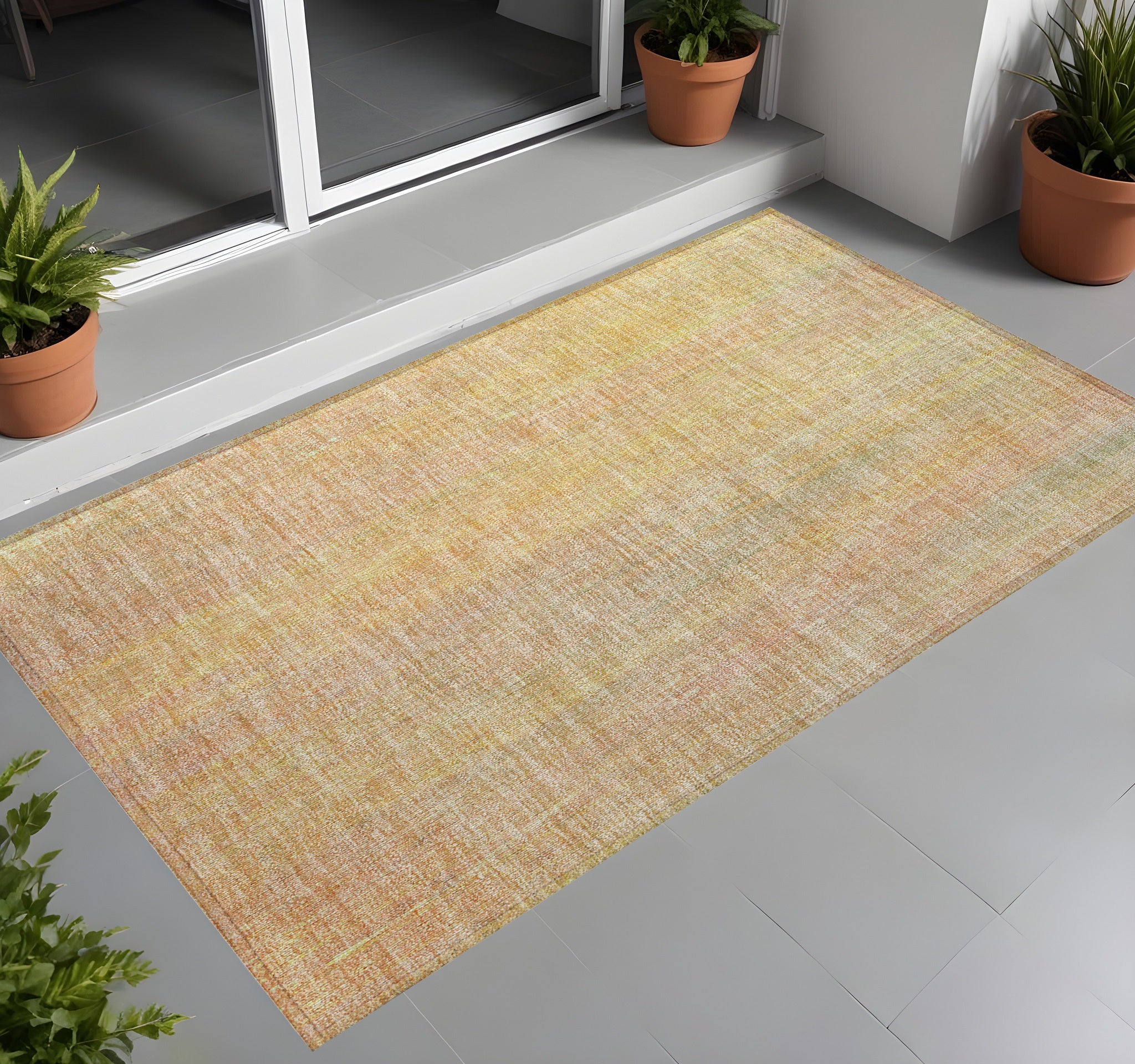 2 X 3 Yellow and Orange Striped Washable Non Skid Indoor Outdoor Area Rug