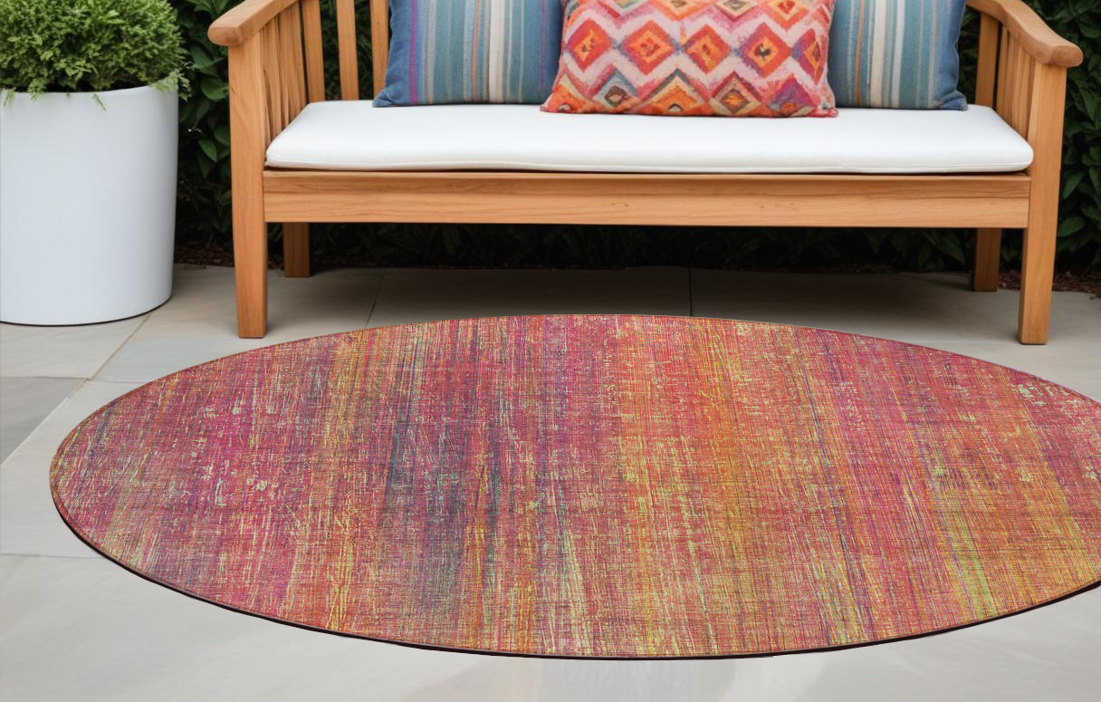 8 Round Red and Orange Round Striped Washable Non Skid Indoor Outdoor Area Rug