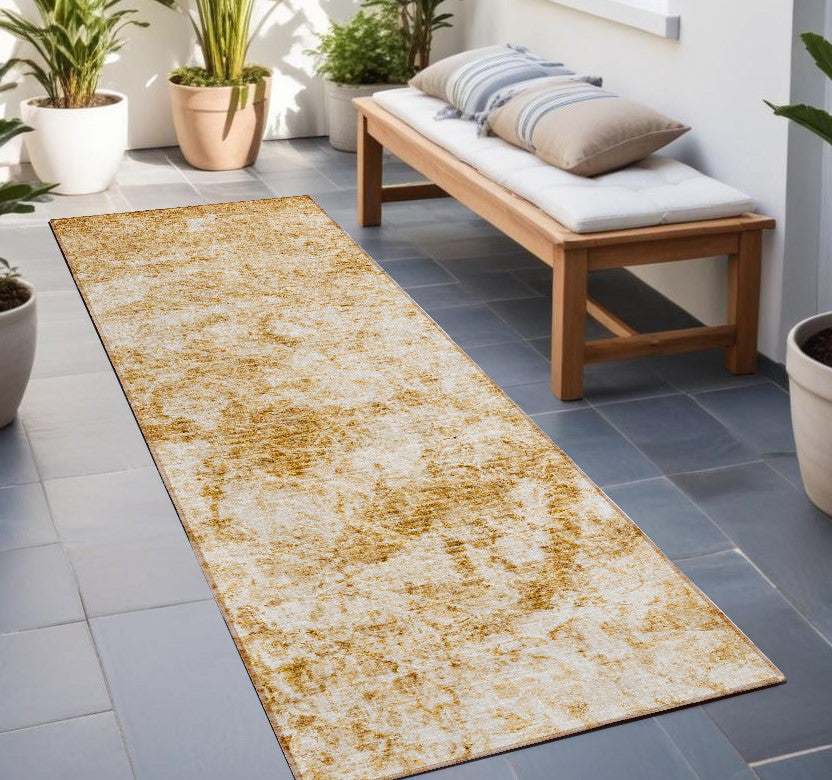 8 Runner Cream and Gold Abstract Washable Non Skid Indoor Outdoor Runner Rug