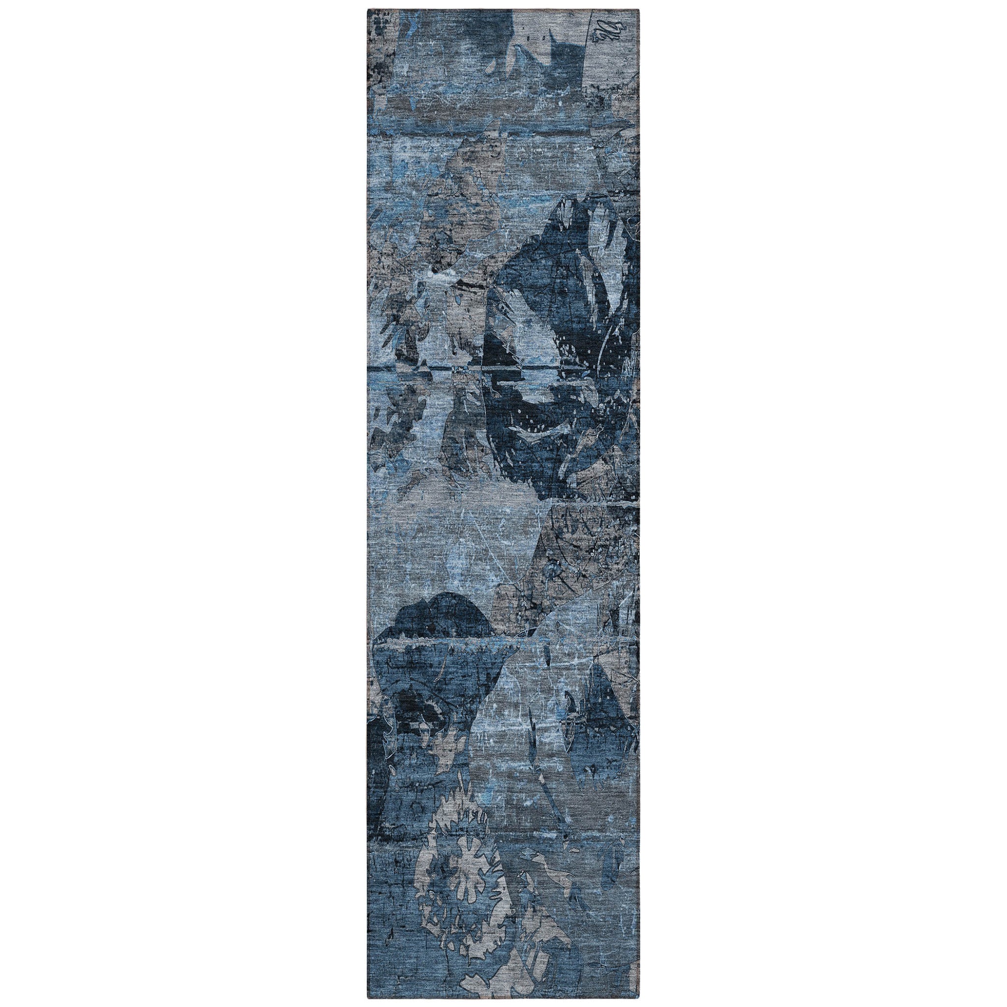 8 Runner Blue and Dark Blue Floral Washable Non Skid Indoor Outdoor Runner Rug
