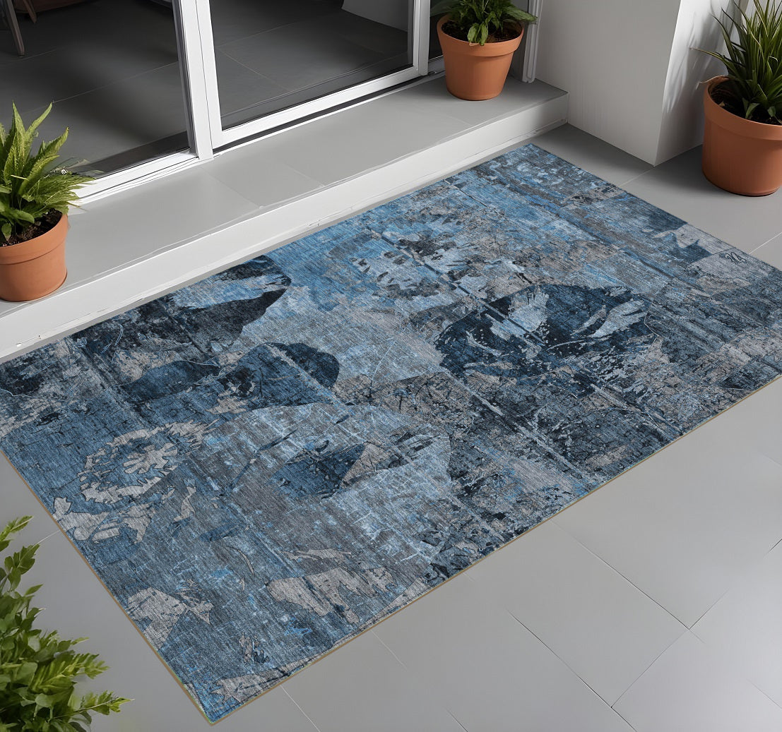 3 X 5 Blue and Dark Blue Floral Washable Non Skid Indoor Outdoor Area Rug