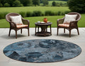 8 Round Blue and Dark Blue Round Floral Washable Non Skid Indoor Outdoor Area Rug