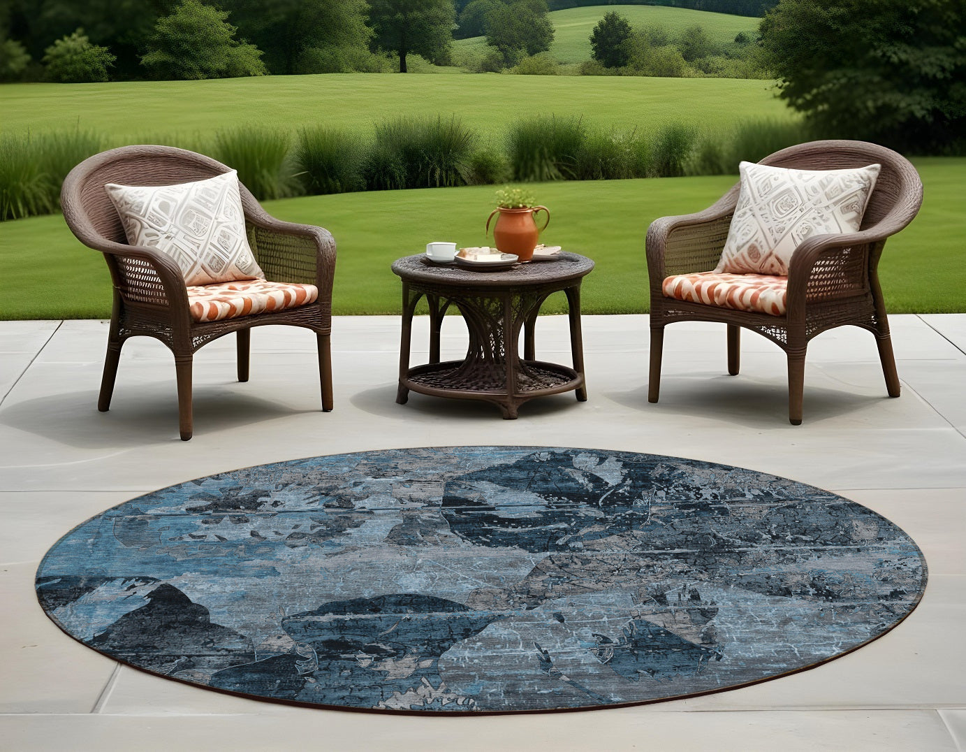 8 Round Blue and Dark Blue Round Floral Washable Non Skid Indoor Outdoor Area Rug