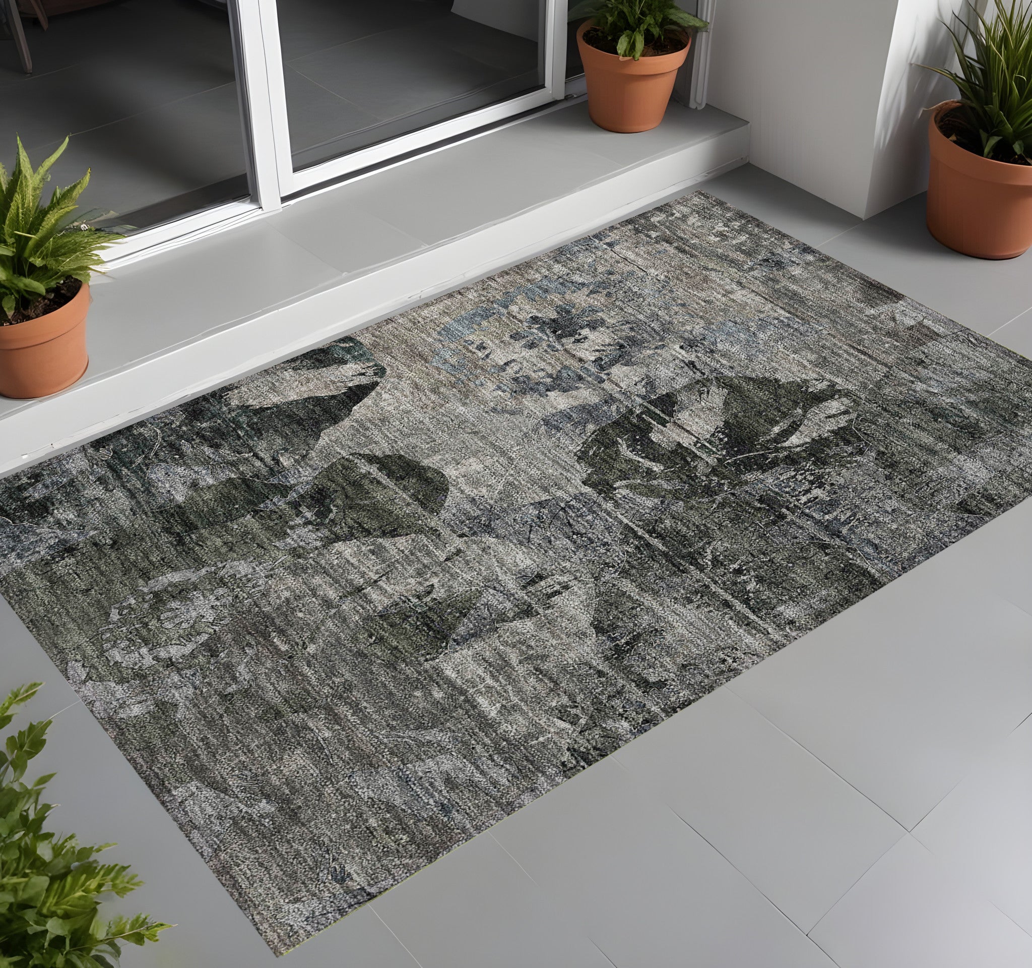 2 X 3 Gray Dark Green and Black Floral Washable Non Skid Indoor Outdoor Area Rug