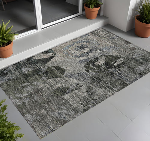 2 X 3 Gray Dark Green and Black Floral Washable Non Skid Indoor Outdoor Area Rug