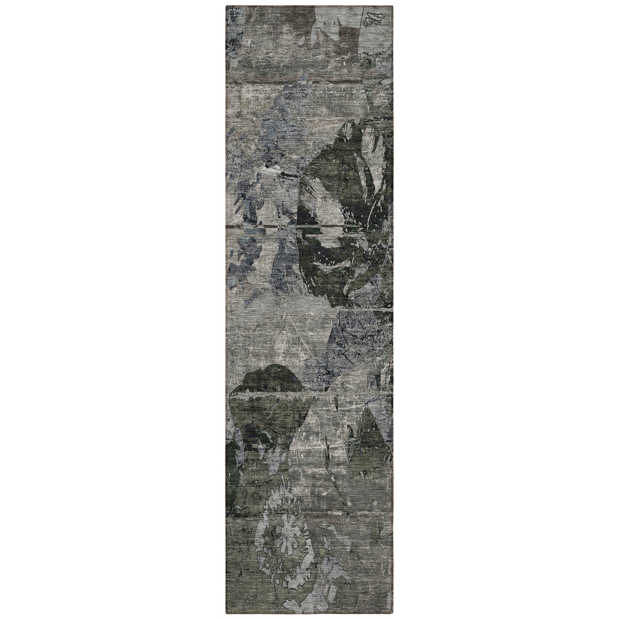 8 Runner Gray Dark Green and Black Floral Washable Non Skid Indoor Outdoor Runner Rug