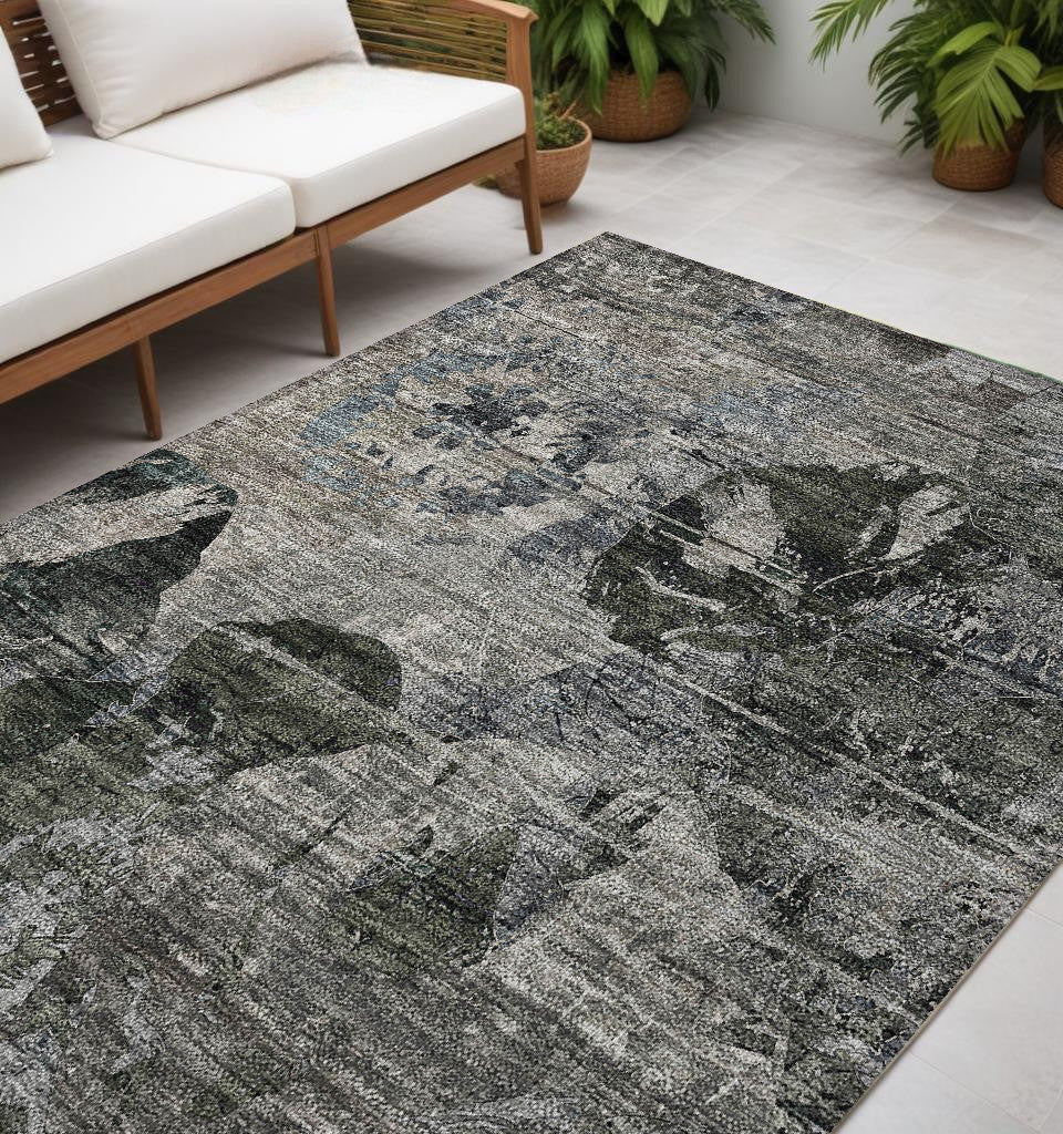 5 X 8 Gray Dark Green and Black Floral Washable Non Skid Indoor Outdoor Area Rug