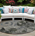 8 Round Gray Dark Green and Black Round Floral Washable Non Skid Indoor Outdoor Area Rug