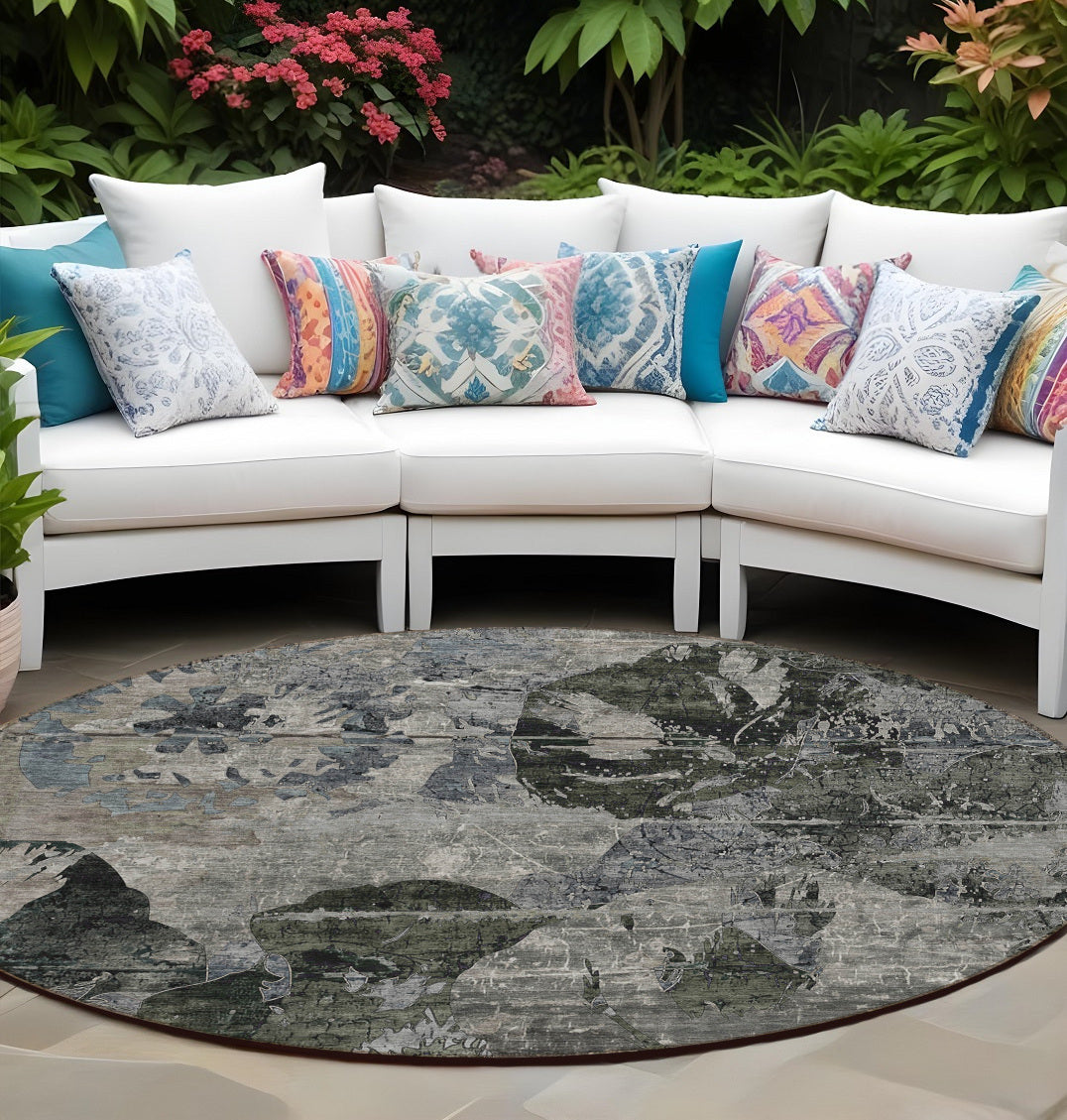 8 Round Gray Dark Green and Black Round Floral Washable Non Skid Indoor Outdoor Area Rug