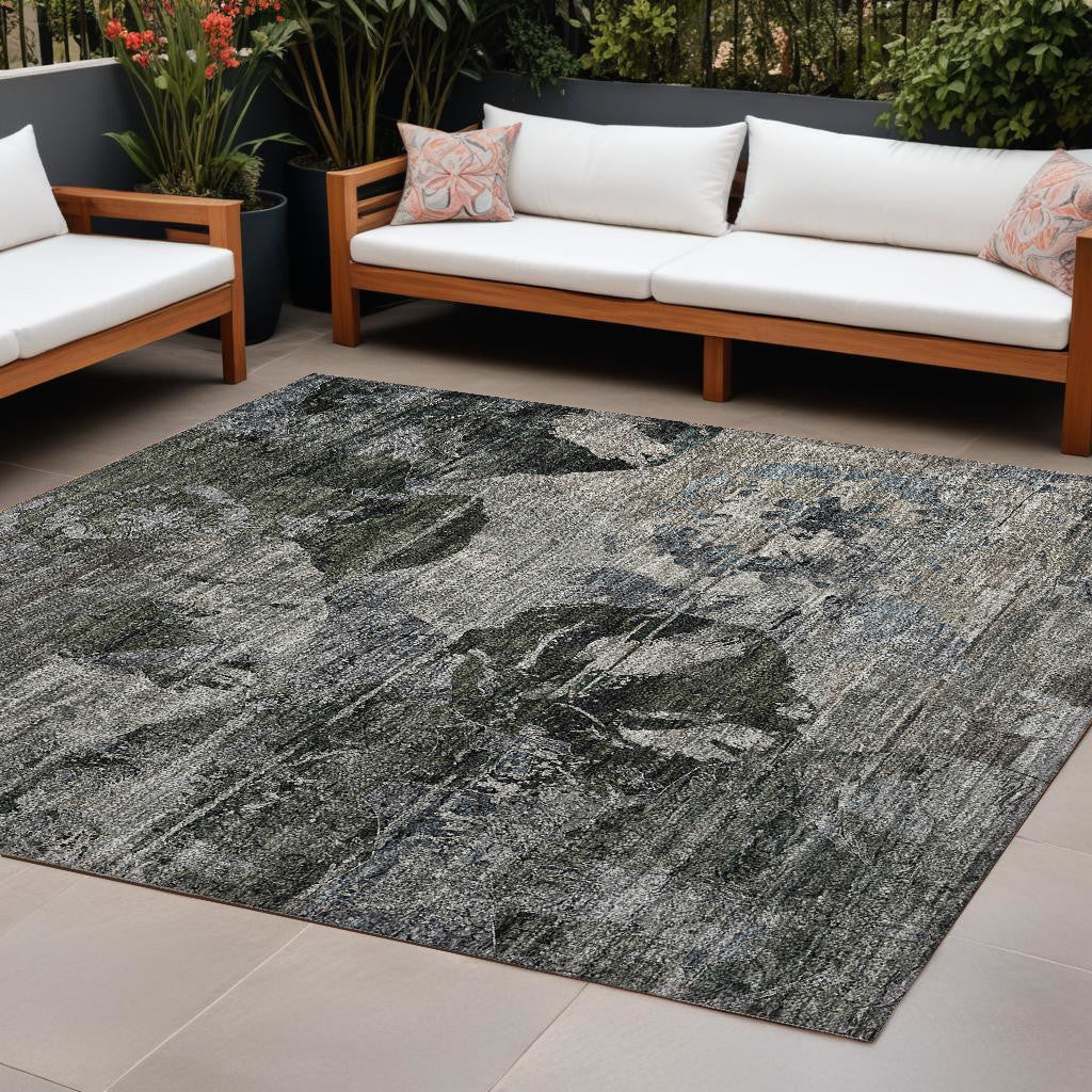 8 X 10 Gray Dark Green and Black Floral Washable Non Skid Indoor Outdoor Area Rug