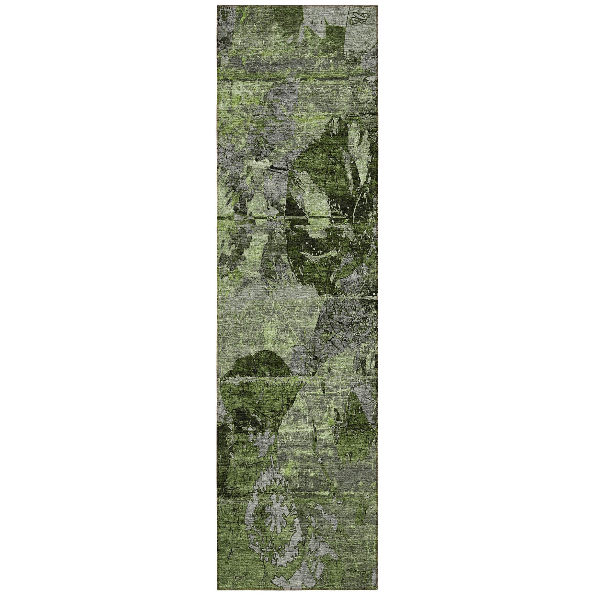 8 Runner Green and Gray Floral Washable Non Skid Indoor Outdoor Runner Rug