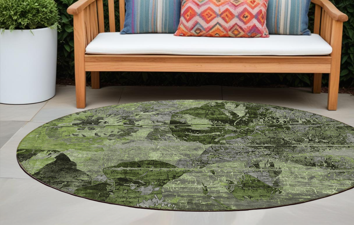 8 Round Green and Gray Round Floral Washable Non Skid Indoor Outdoor Area Rug