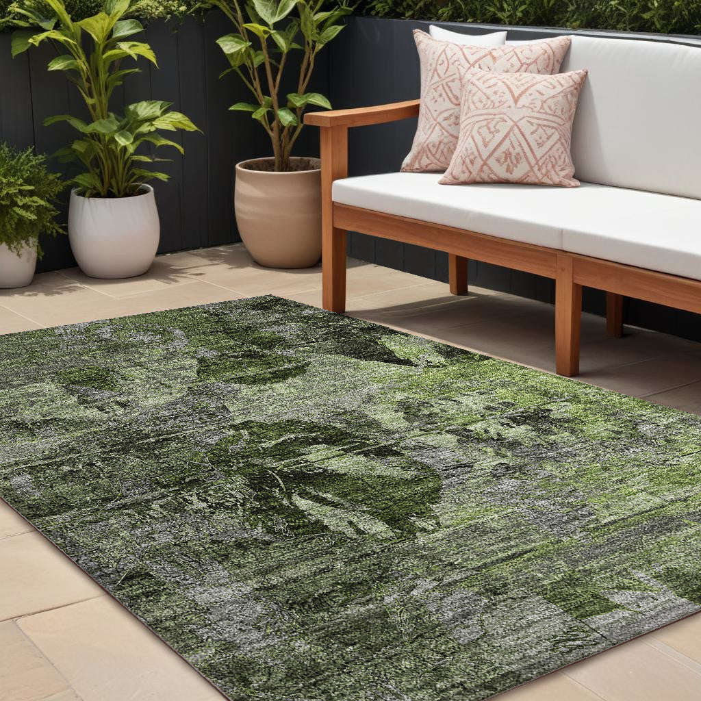 10 X 14 Green and Gray Floral Washable Non Skid Indoor Outdoor Area Rug