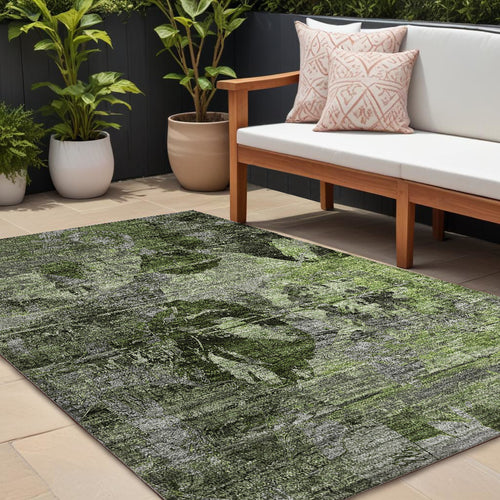 10 X 14 Green and Gray Floral Washable Non Skid Indoor Outdoor Area Rug