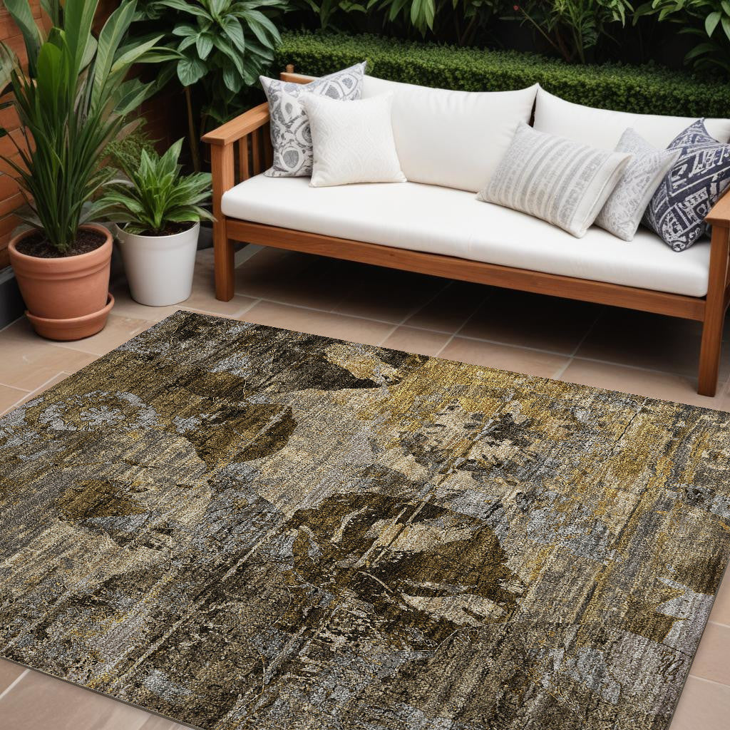 9 X 12 Brown Terracotta and Gray Floral Washable Non Skid Indoor Outdoor Area Rug