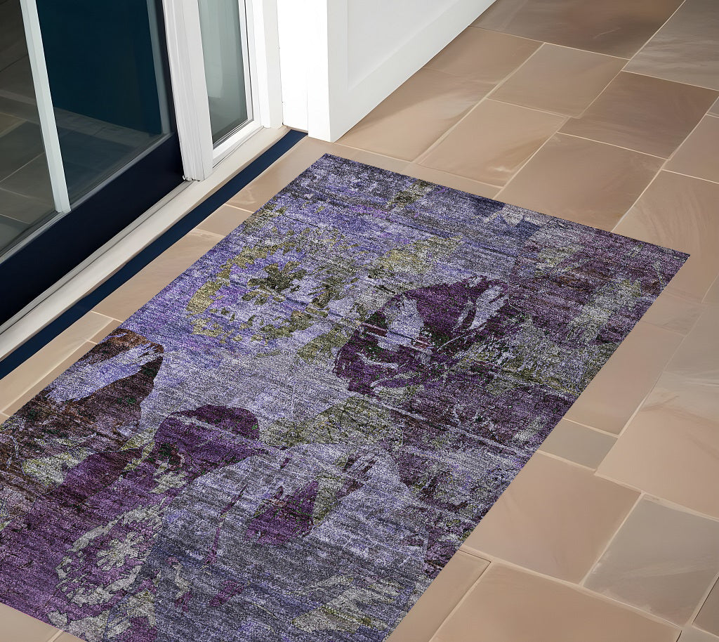 2 X 3 Purple and Green Floral Washable Non Skid Indoor Outdoor Area Rug