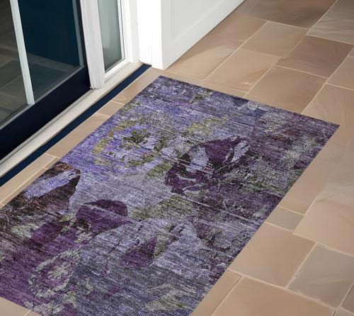 2 X 3 Purple and Green Floral Washable Non Skid Indoor Outdoor Area Rug