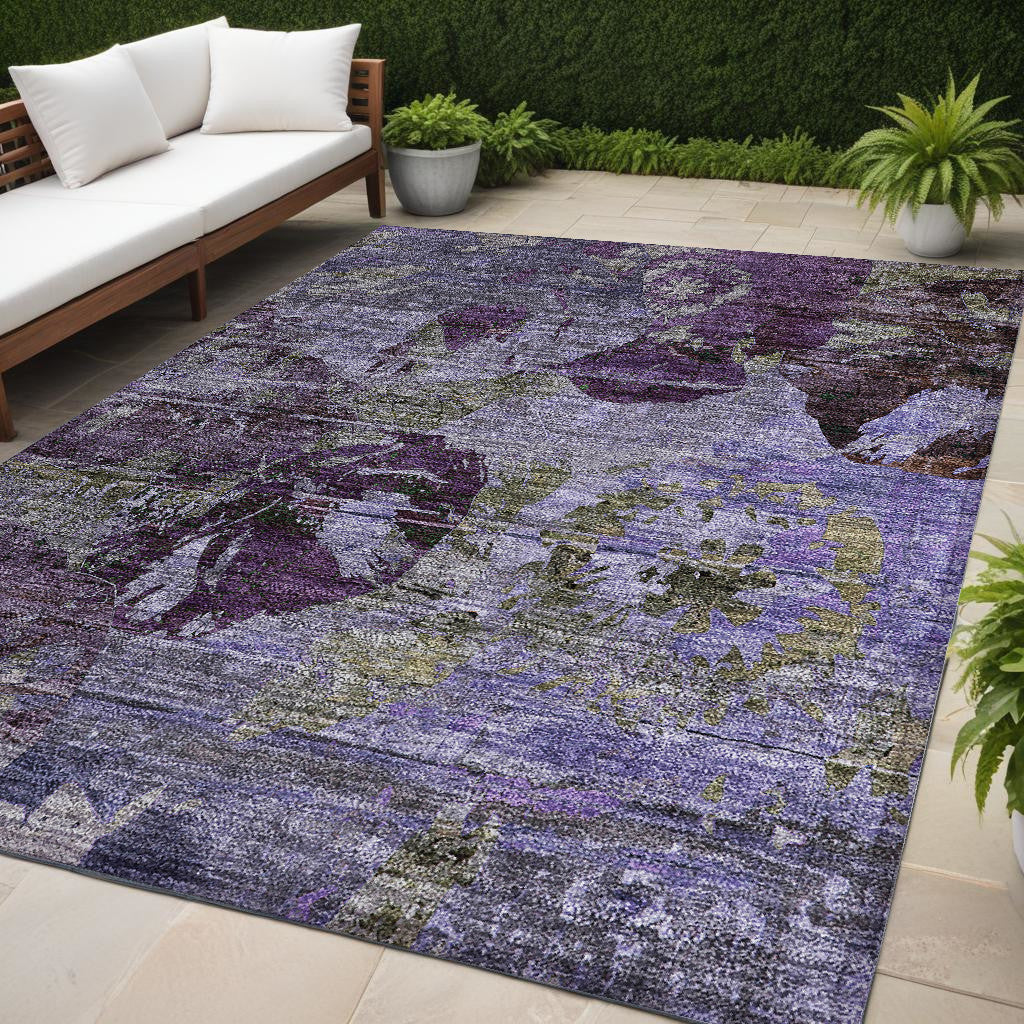 5 X 8 Purple and Green Floral Washable Non Skid Indoor Outdoor Area Rug