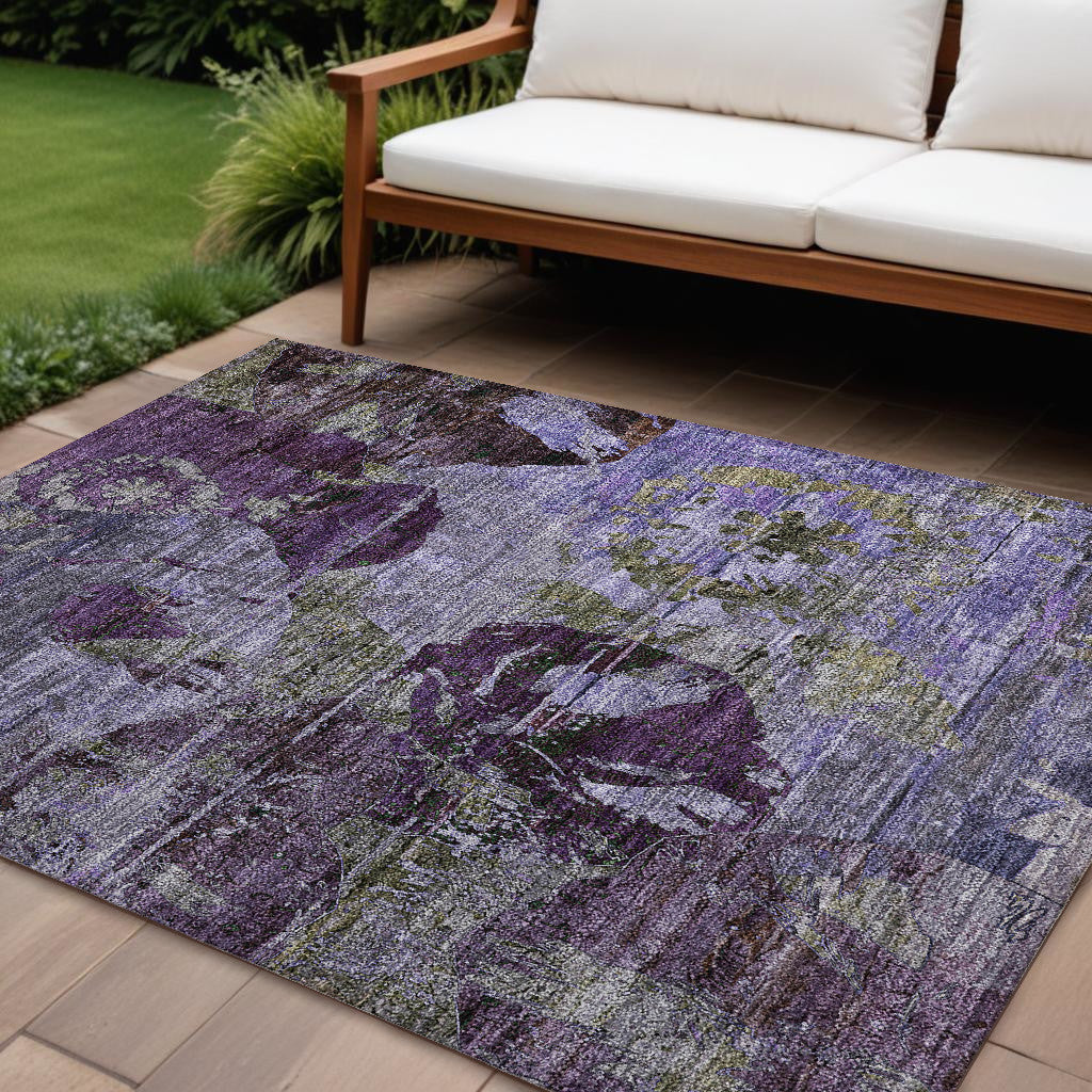 8 X 10 Purple and Green Floral Washable Non Skid Indoor Outdoor Area Rug