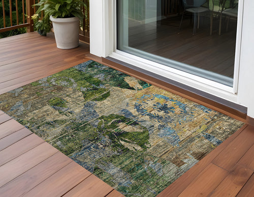 2 X 3 Taupe Blue and Green Floral Washable Non Skid Indoor Outdoor Area Rug