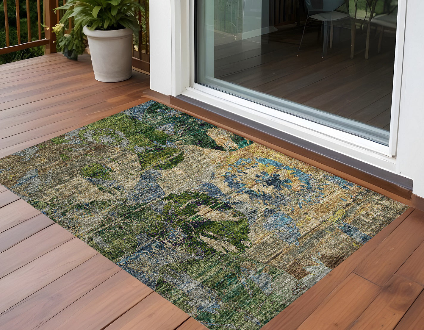 3 X 5 Taupe Blue and Green Floral Washable Non Skid Indoor Outdoor Area Rug
