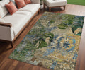 5 X 8 Taupe Blue and Green Floral Washable Non Skid Indoor Outdoor Area Rug