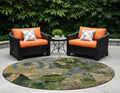 8 Round Taupe Blue and Green Round Floral Washable Non Skid Indoor Outdoor Area Rug