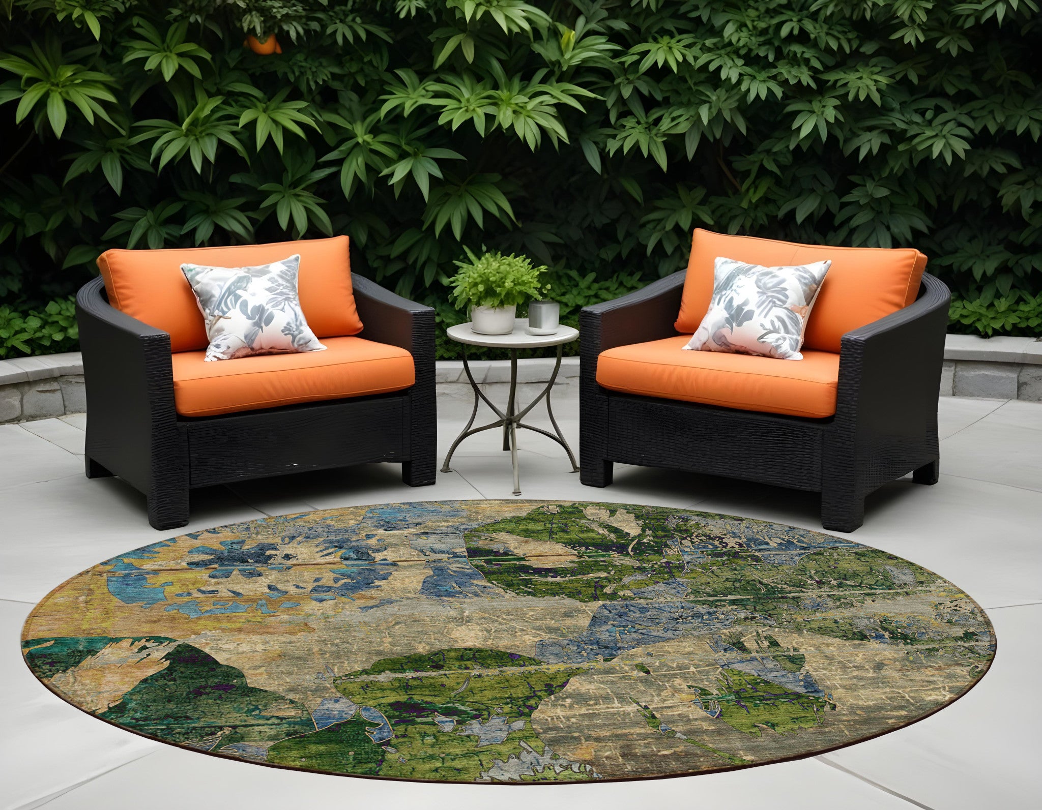 8 Round Taupe Blue and Green Round Floral Washable Non Skid Indoor Outdoor Area Rug