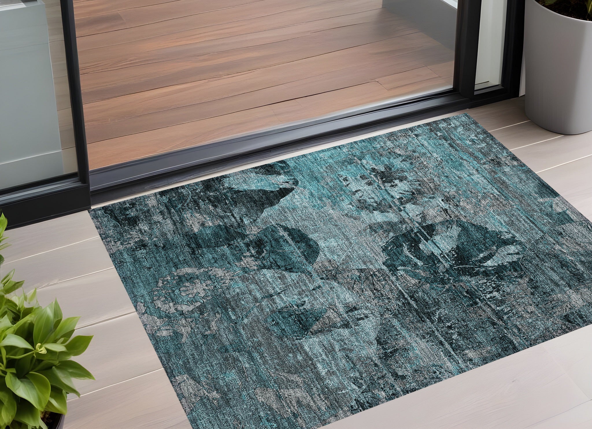 2 X 3 Teal and Gray Floral Washable Non Skid Indoor Outdoor Area Rug