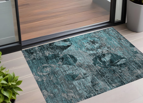 2 X 3 Teal and Gray Floral Washable Non Skid Indoor Outdoor Area Rug