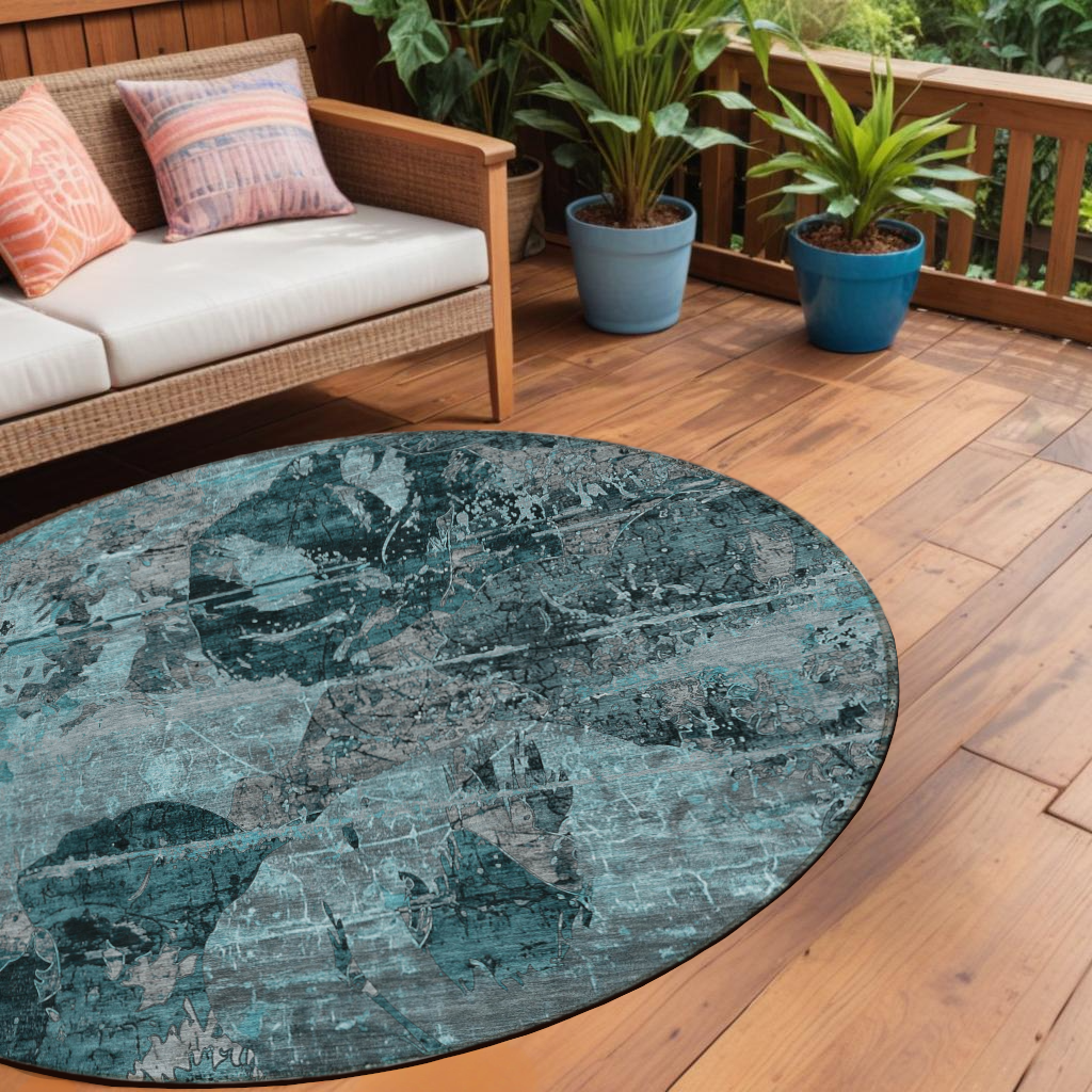 8 Round Teal and Gray Round Floral Washable Non Skid Indoor Outdoor Area Rug