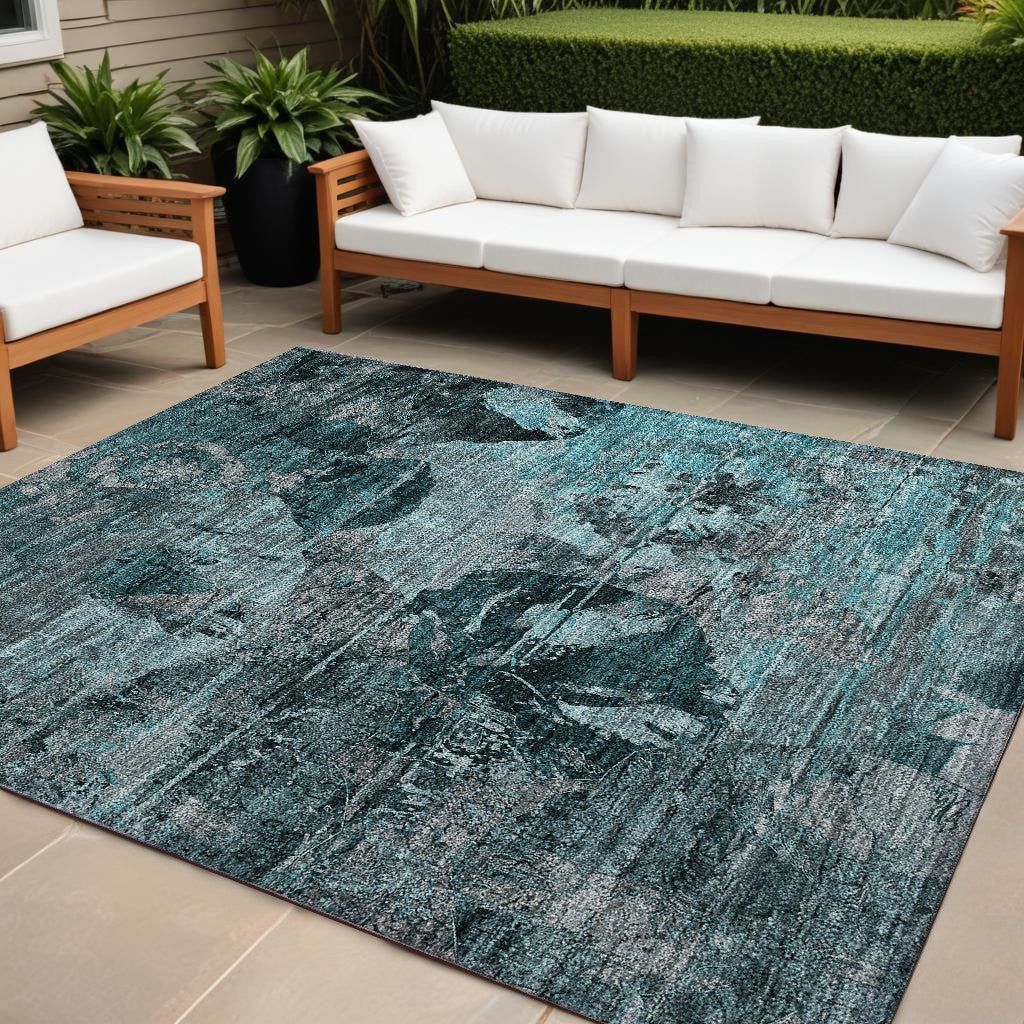 9 X 12 Teal and Gray Floral Washable Non Skid Indoor Outdoor Area Rug