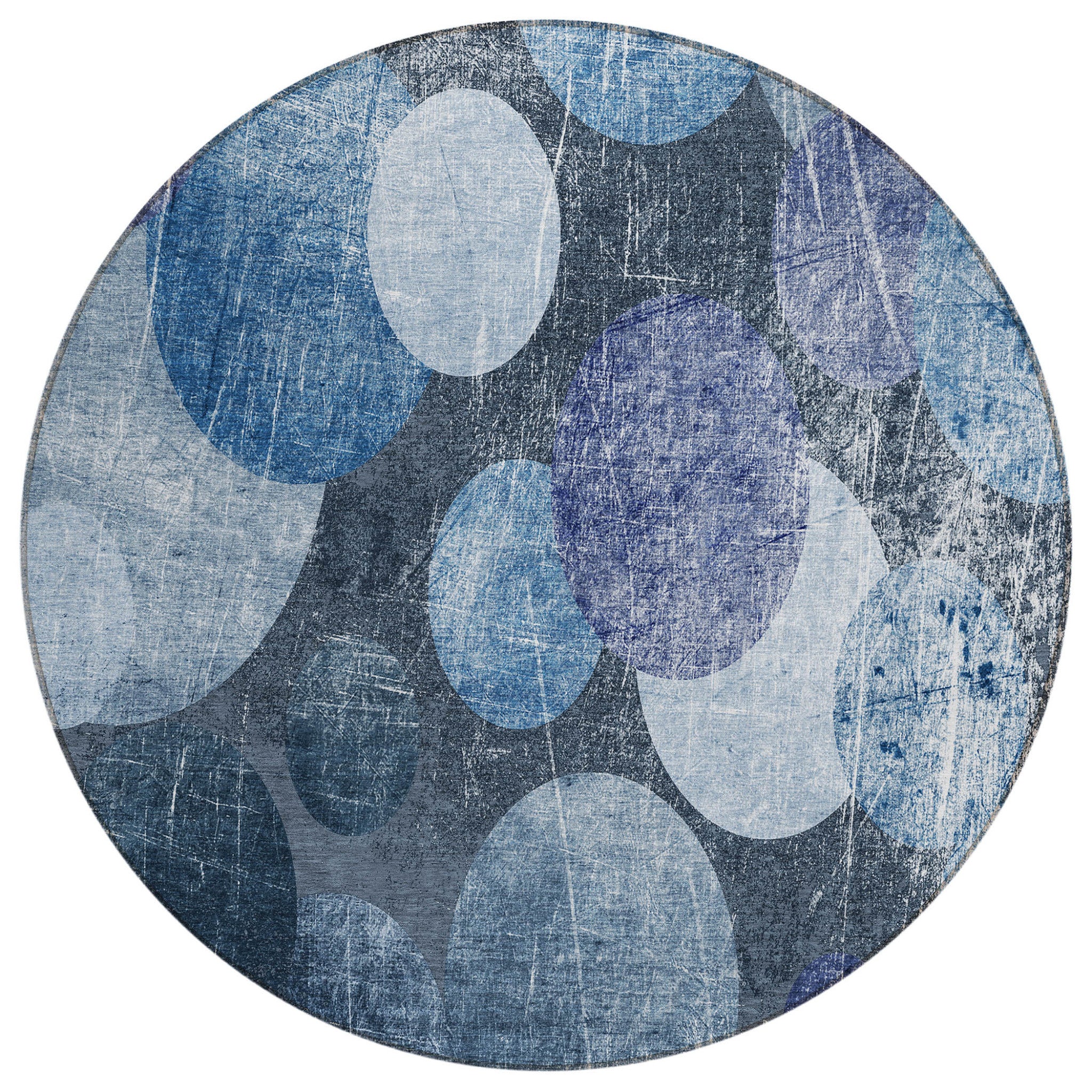 8 Round Gray and Blue Round Abstract Washable Non Skid Indoor Outdoor Area Rug