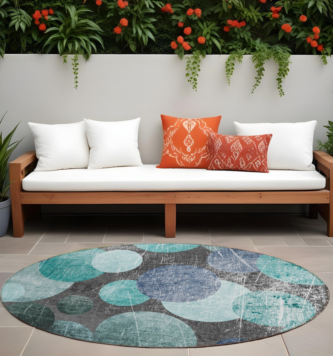 8 Round Gray Blue and Purple Round Abstract Washable Non Skid Indoor Outdoor Area Rug
