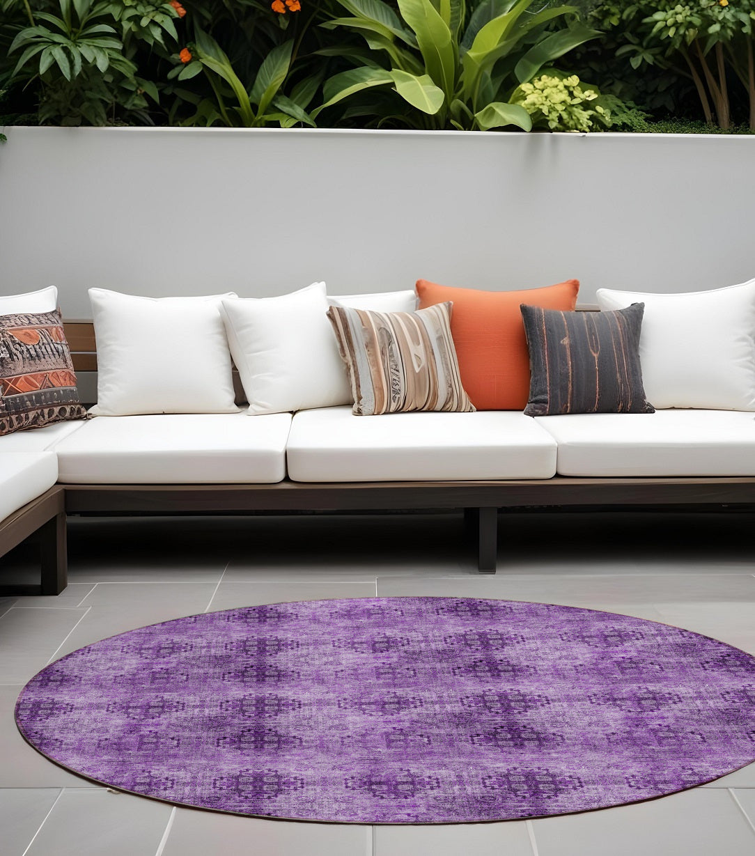 8 Round Eggplant Round Floral Medallion Washable Non Skid Indoor Outdoor Area Rug