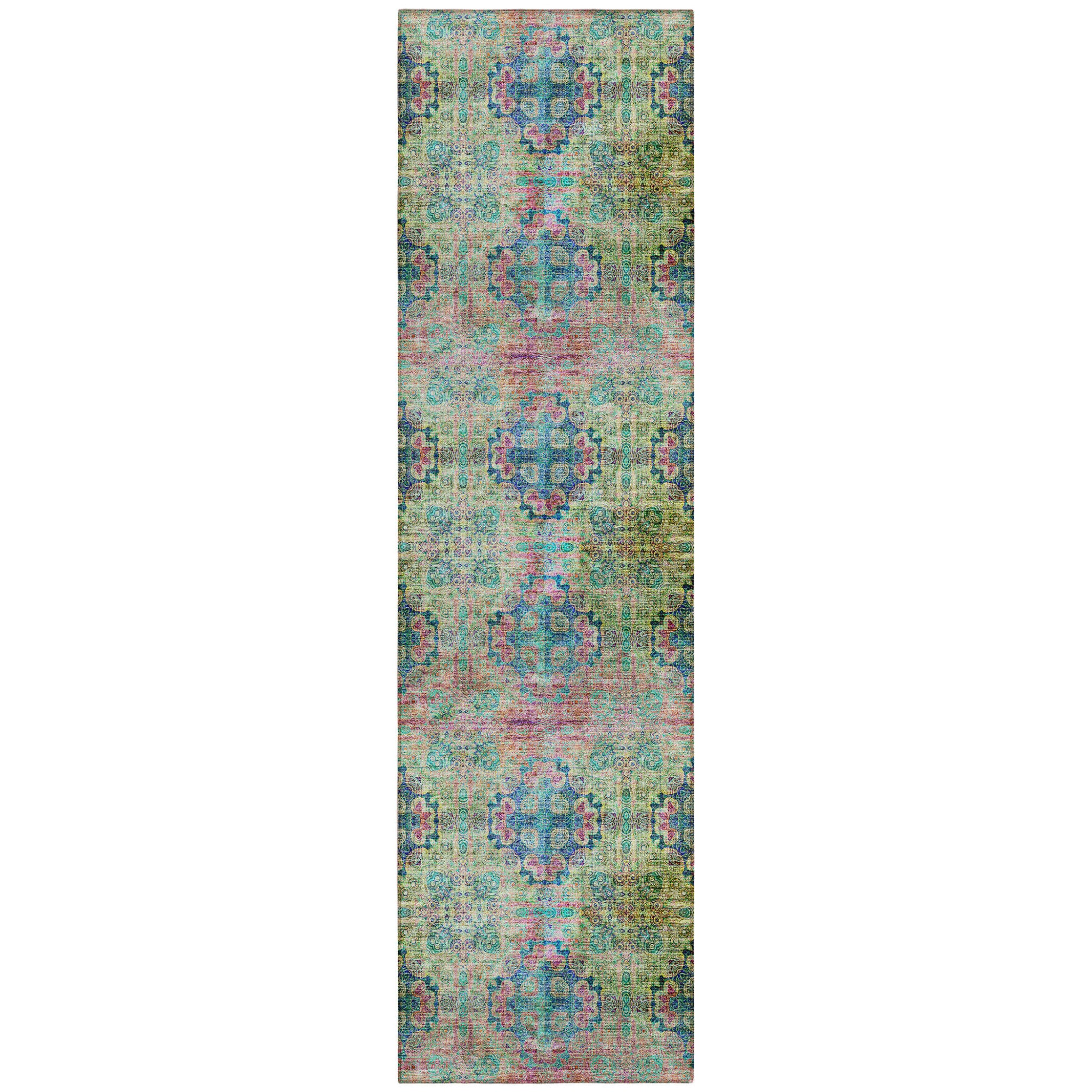 8 Runner Blue and Green Floral Medallion Washable Non Skid Indoor Outdoor Runner Rug