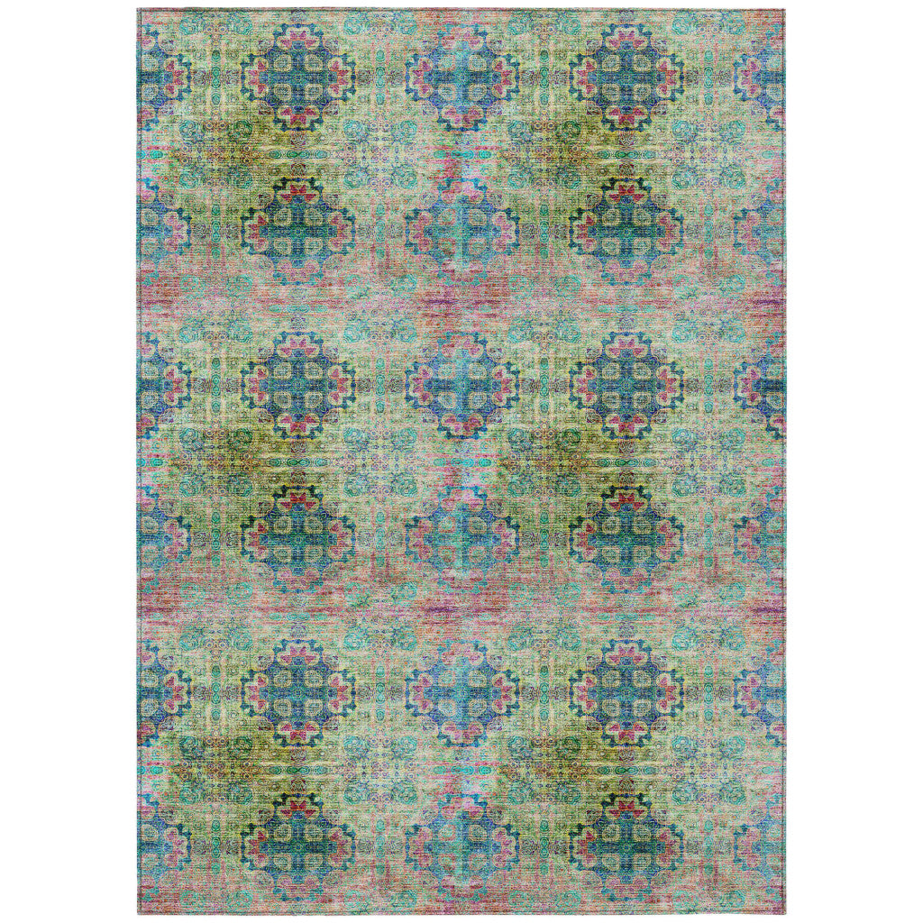 5 X 8 Blue and Green Floral Medallion Washable Non Skid Indoor Outdoor Area Rug