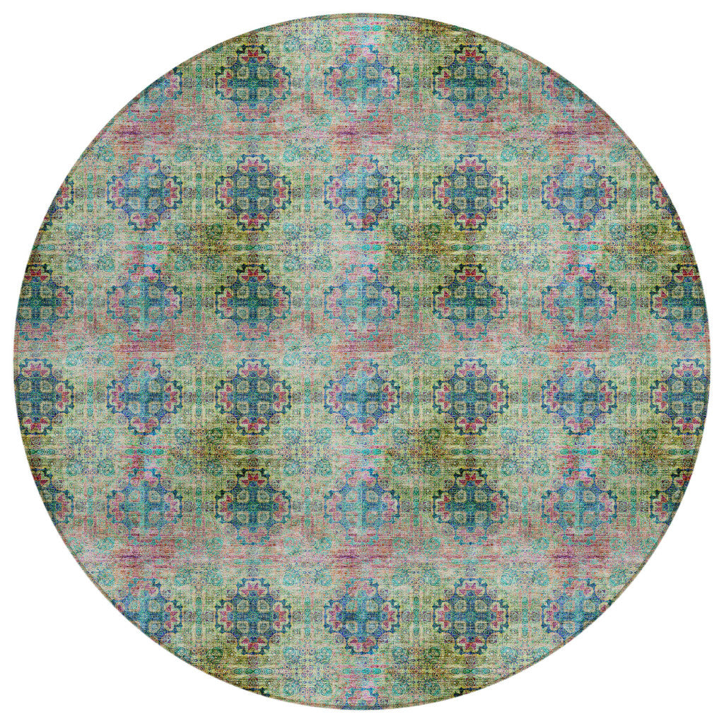 8 Round Blue and Green Round Floral Medallion Washable Non Skid Indoor Outdoor Area Rug