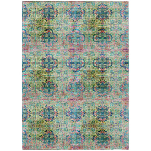 10 X 14 Blue and Green Floral Medallion Washable Non Skid Indoor Outdoor Area Rug