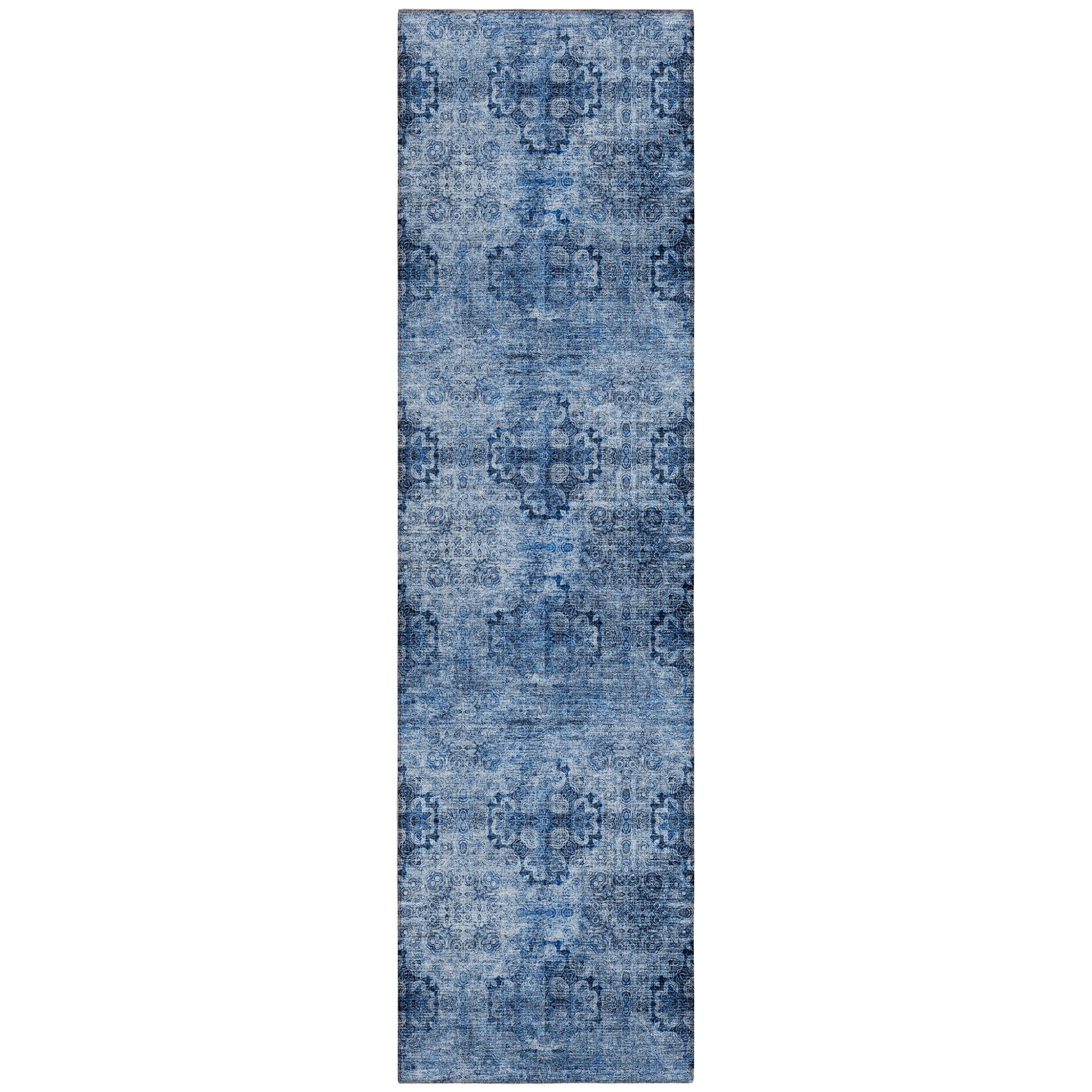 8 Runner Navy Blue Floral Medallion Washable Non Skid Indoor Outdoor Runner Rug