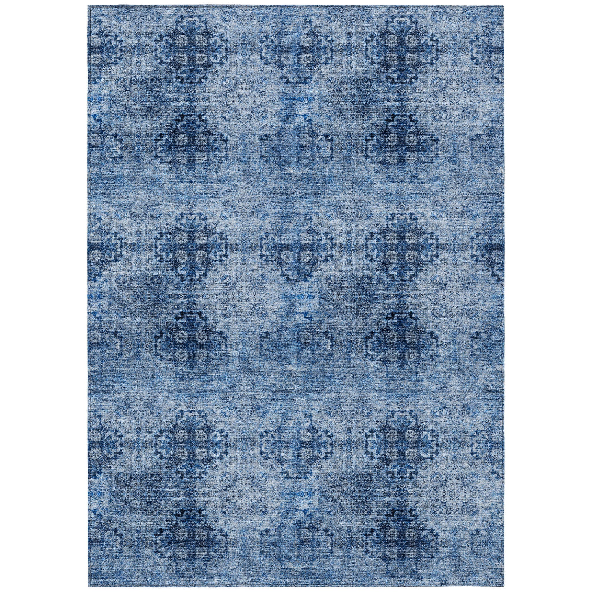 3 X 5 Navy Blue Floral Medallion Washable Non Skid Indoor Outdoor Area Rug