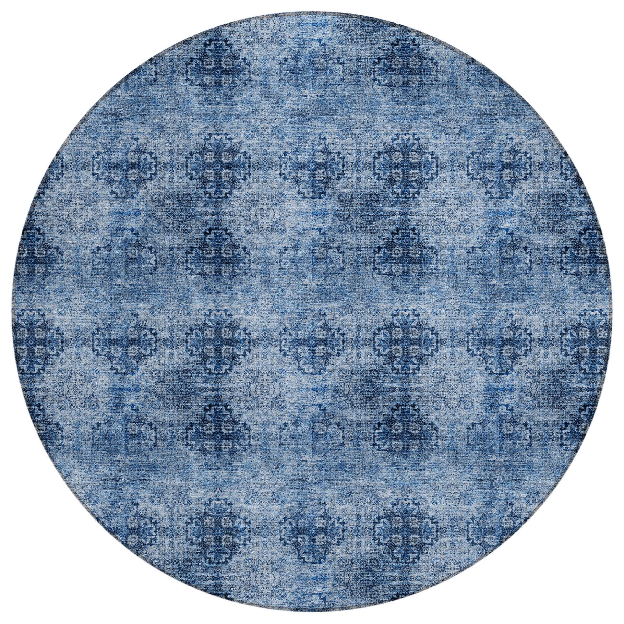 8 Round Navy Blue Round Floral Medallion Washable Non Skid Indoor Outdoor Area Rug