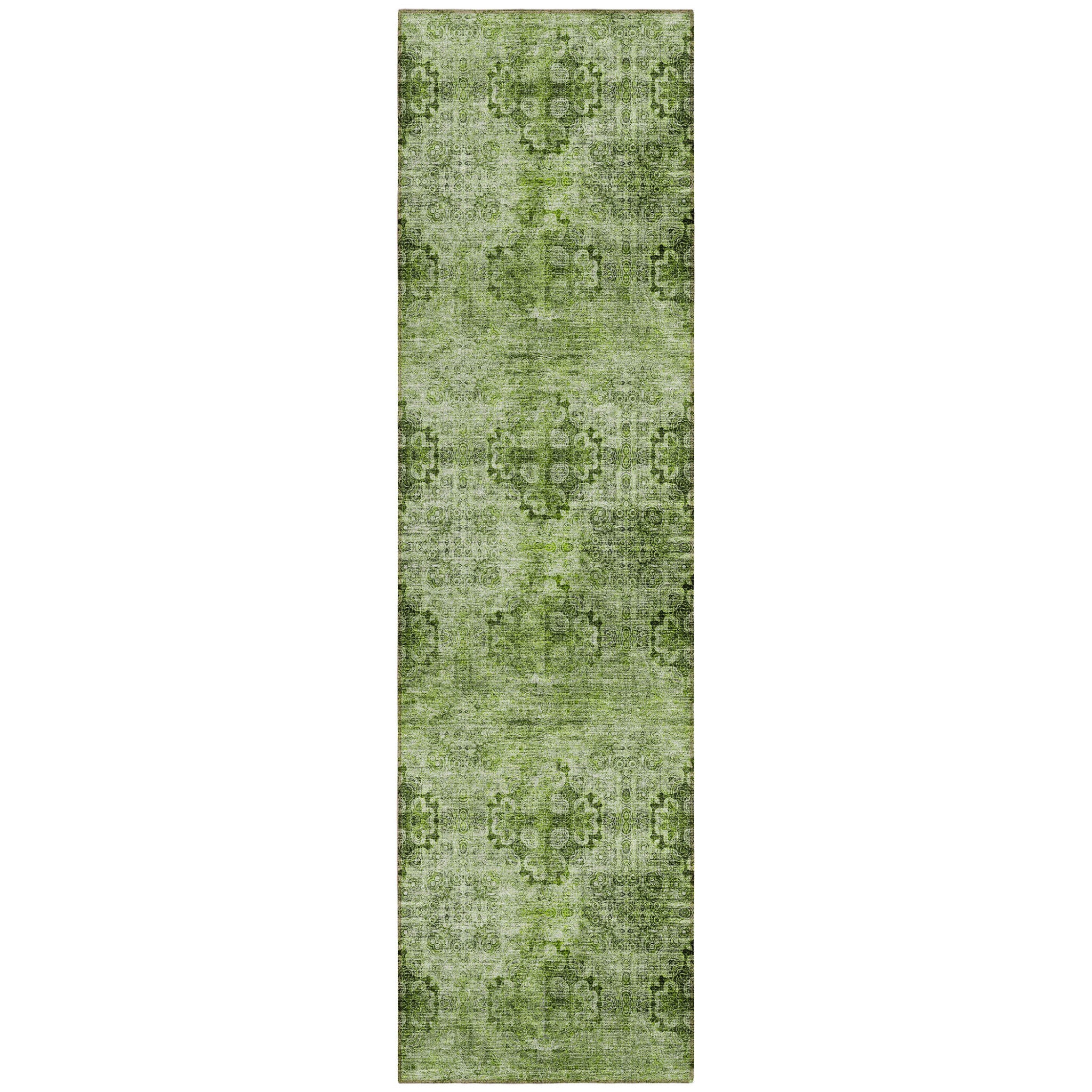 8 Runner Olive Green Floral Medallion Washable Non Skid Indoor Outdoor Runner Rug
