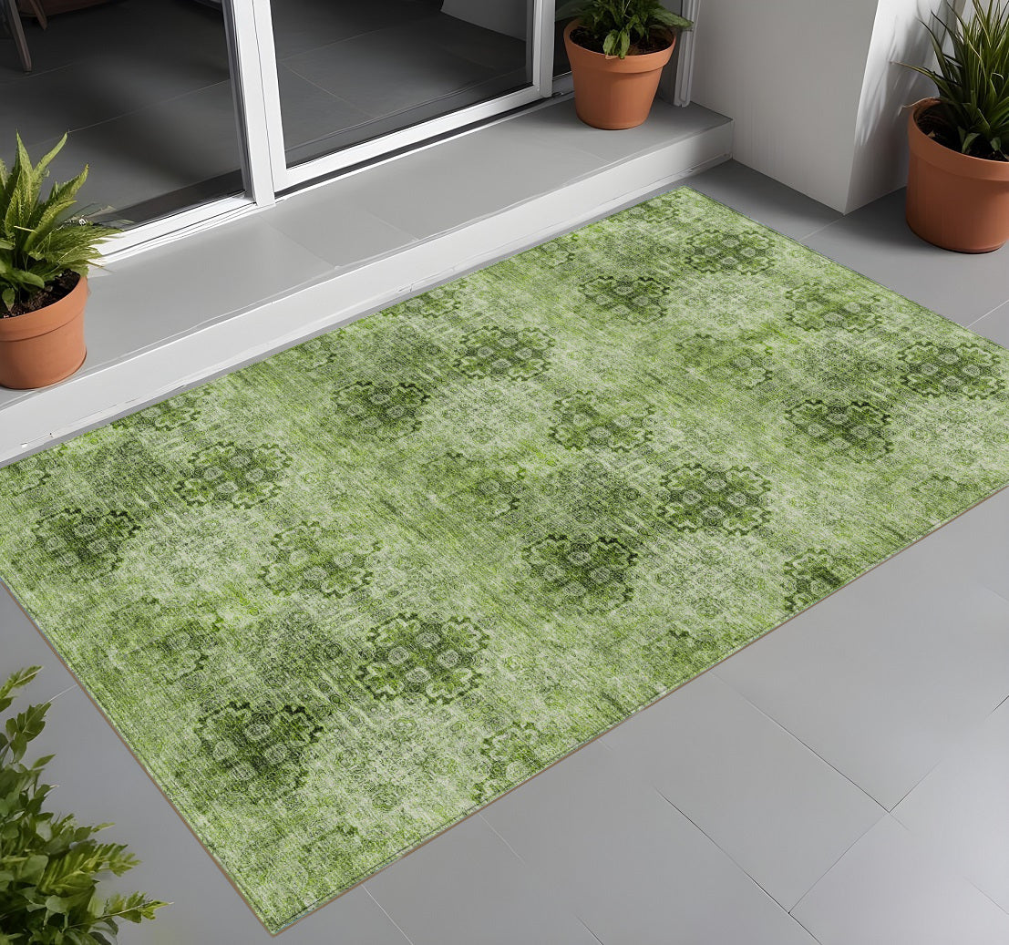 3 X 5 Olive Green Floral Medallion Washable Non Skid Indoor Outdoor Area Rug