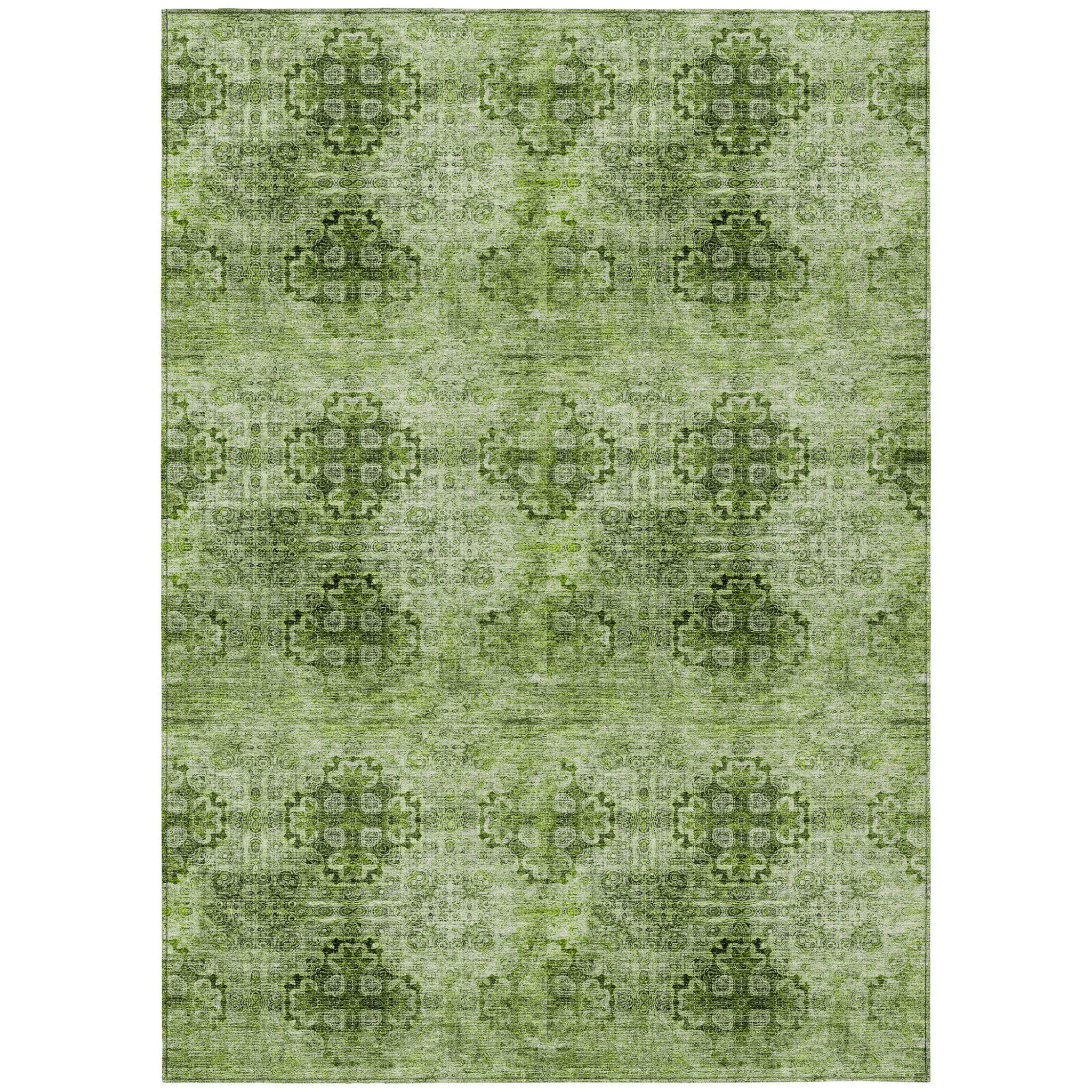 5 X 8 Olive Green Floral Medallion Washable Non Skid Indoor Outdoor Area Rug