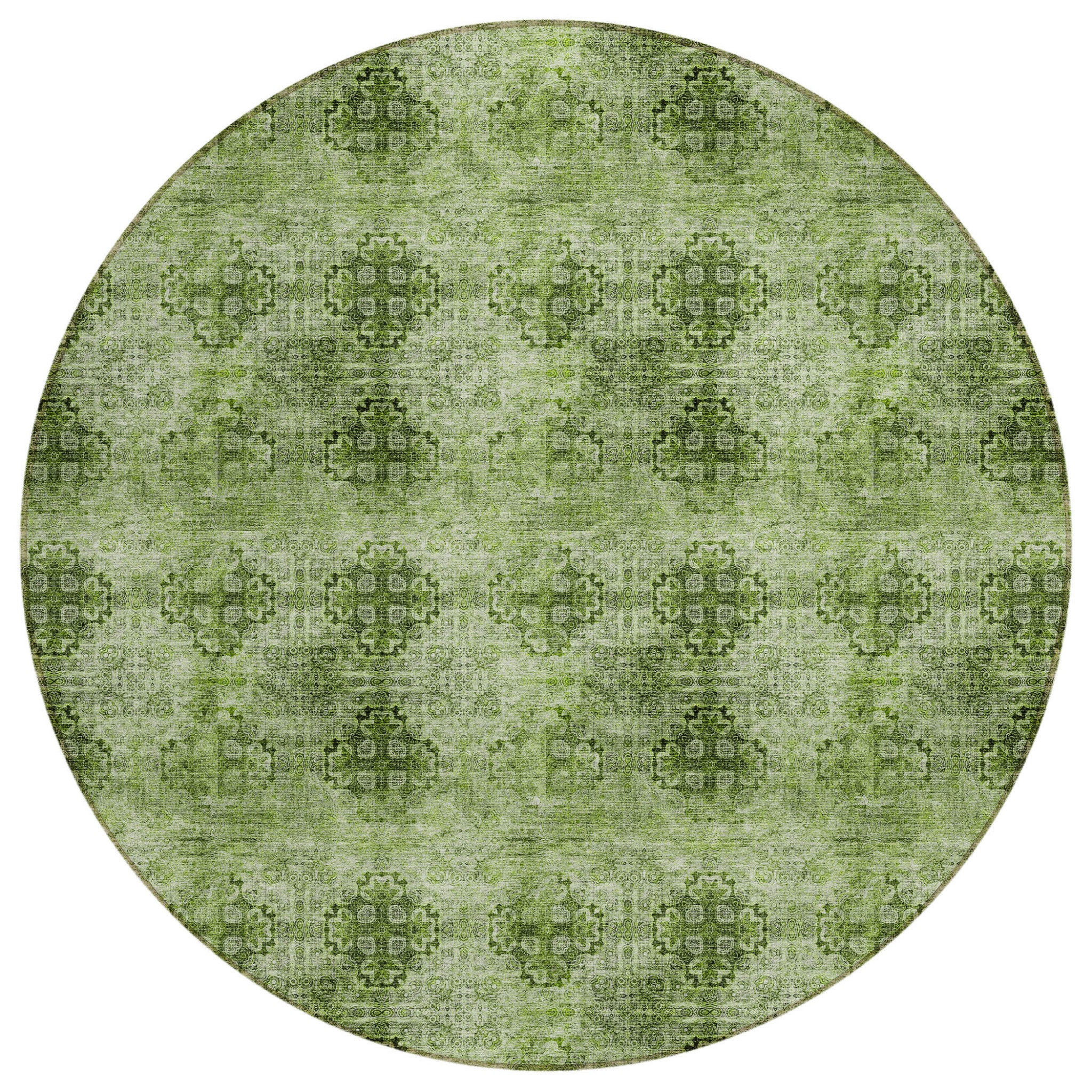 8 Round Olive Green Round Floral Medallion Washable Non Skid Indoor Outdoor Area Rug