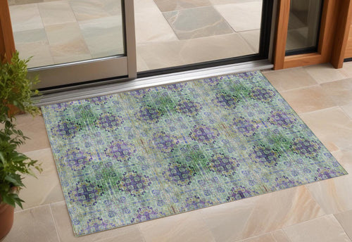 2 X 3 Purple and Green Floral Medallion Washable Non Skid Indoor Outdoor Area Rug