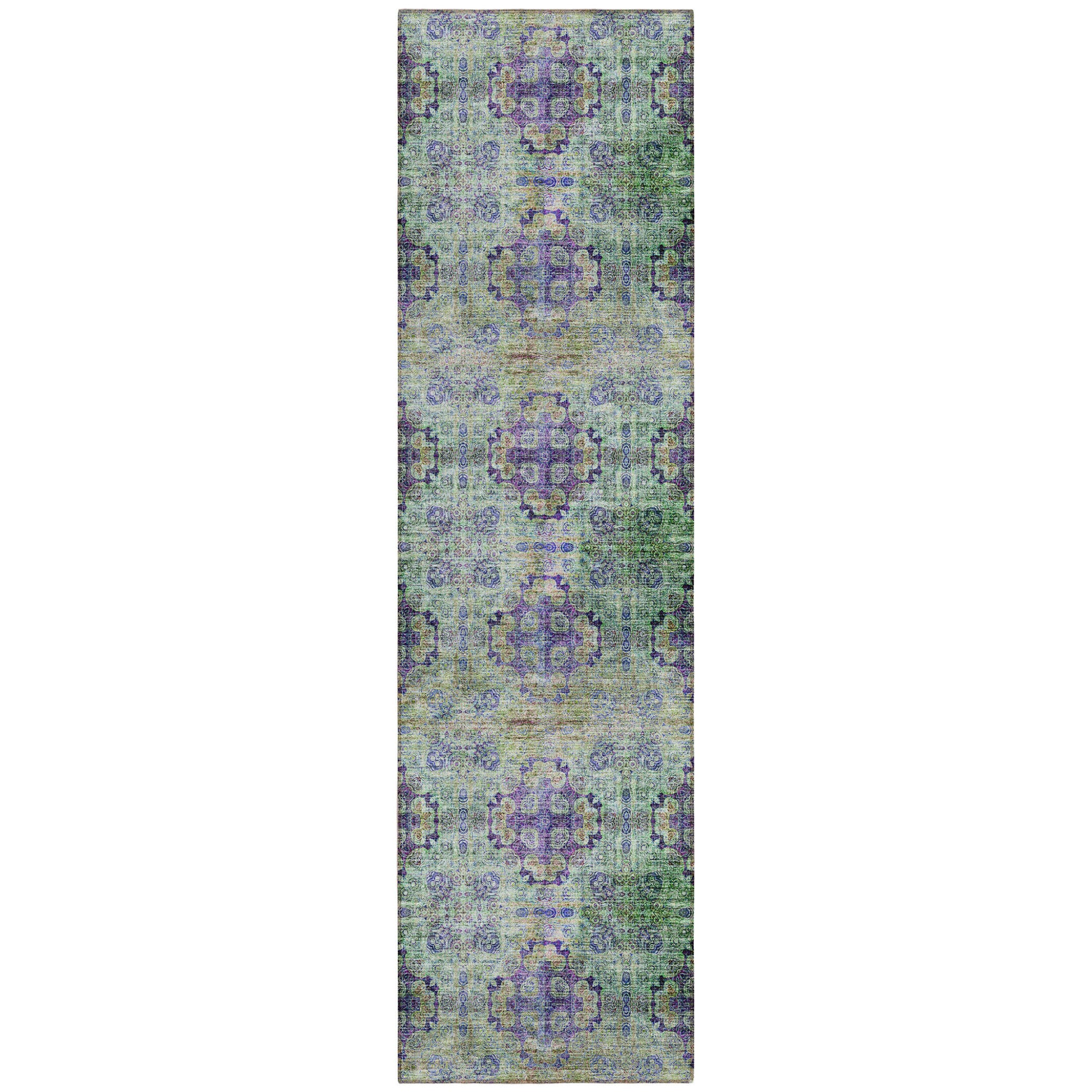 8 Runner Purple and Green Floral Medallion Washable Non Skid Indoor Outdoor Runner Rug